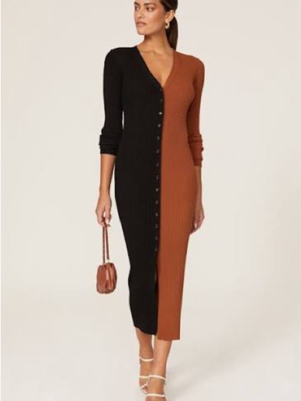 STAUD Two-Tone Ribbed Button-Front Midi Dress in Black and Brown